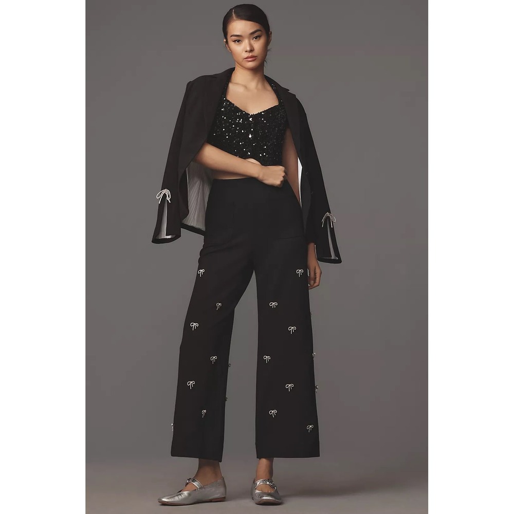 Maeve The Colette Bow Crop Wide-Leg Pants Black Embroidered 29
